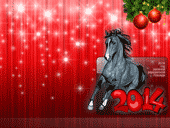 Новогодние обои 2014 с изображением Лошади, 2014 года и ёлки на красном фоне
