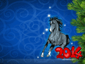 Новогодние обои 2014 с изображением Лошади и 2014 года на синем фоне