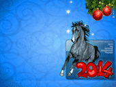 Новогодние обои 2014 с изображением Лошади, 2014 года и ёлки на синем фоне