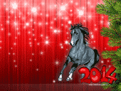 Новогодние обои 2014 с изображением Лошади, 2014 года и ёлки на красном фоне