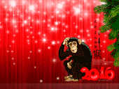Новогодние обои 2016 с изображением Обезьяны, 2016 года и ёлки на красном фоне