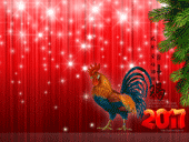 Новогодние обои 2017 с изображением Петуха, 2017 года и ёлки на красном фоне