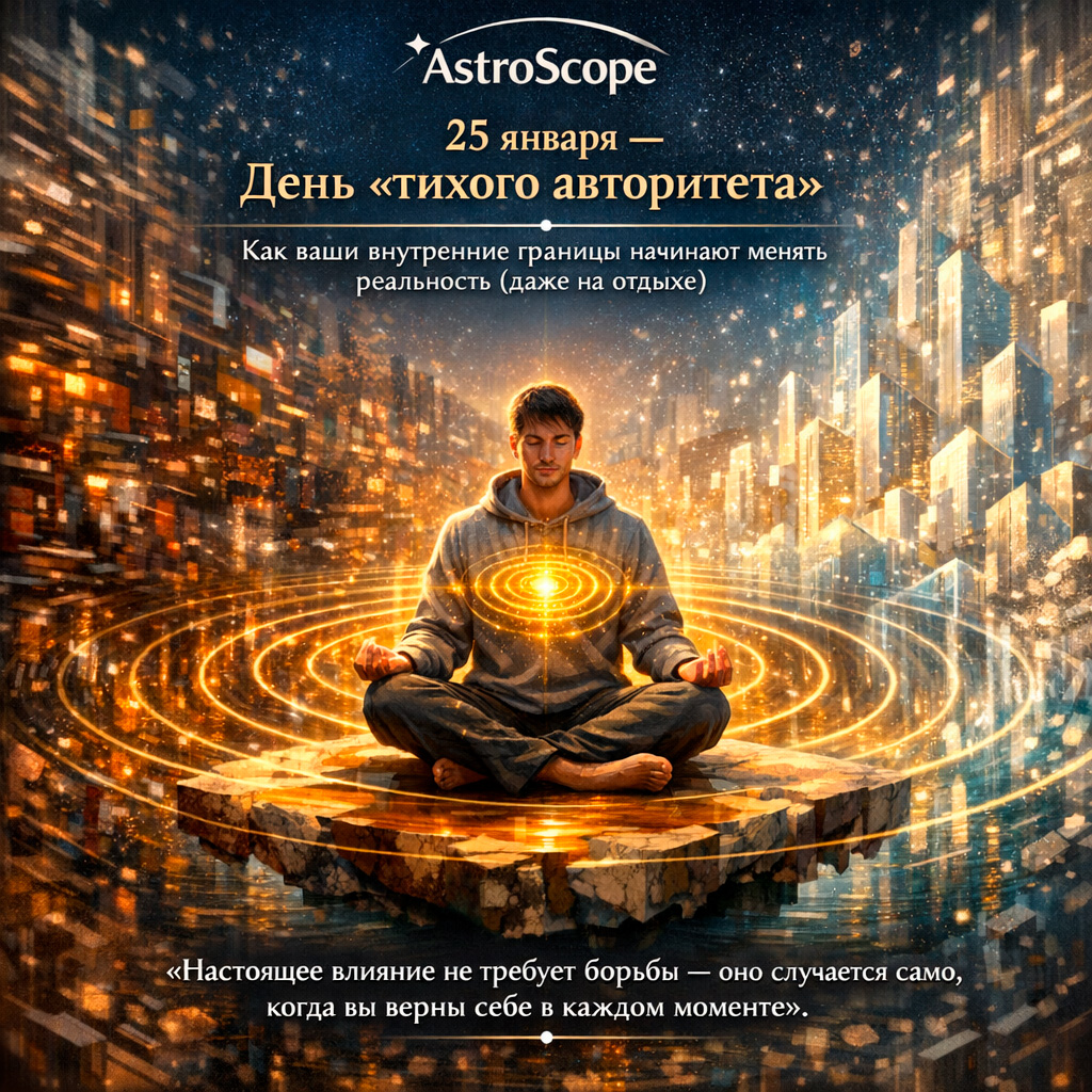 Сюрреалистичная иллюстрация человека, излучающего золотые волны спокойствия, преобразующие хаос в гармонию.