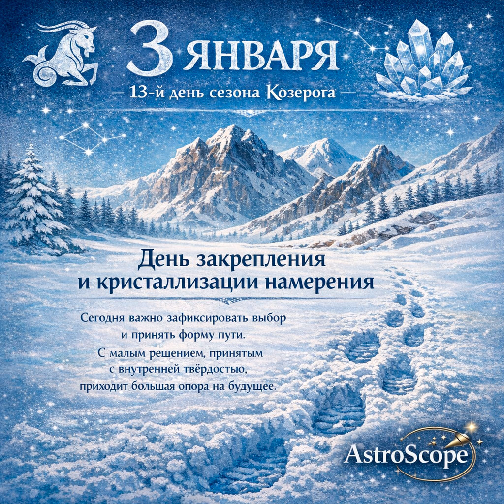3 января · 13-й день сезона Козерога · День закрепления и кристаллизации намерения