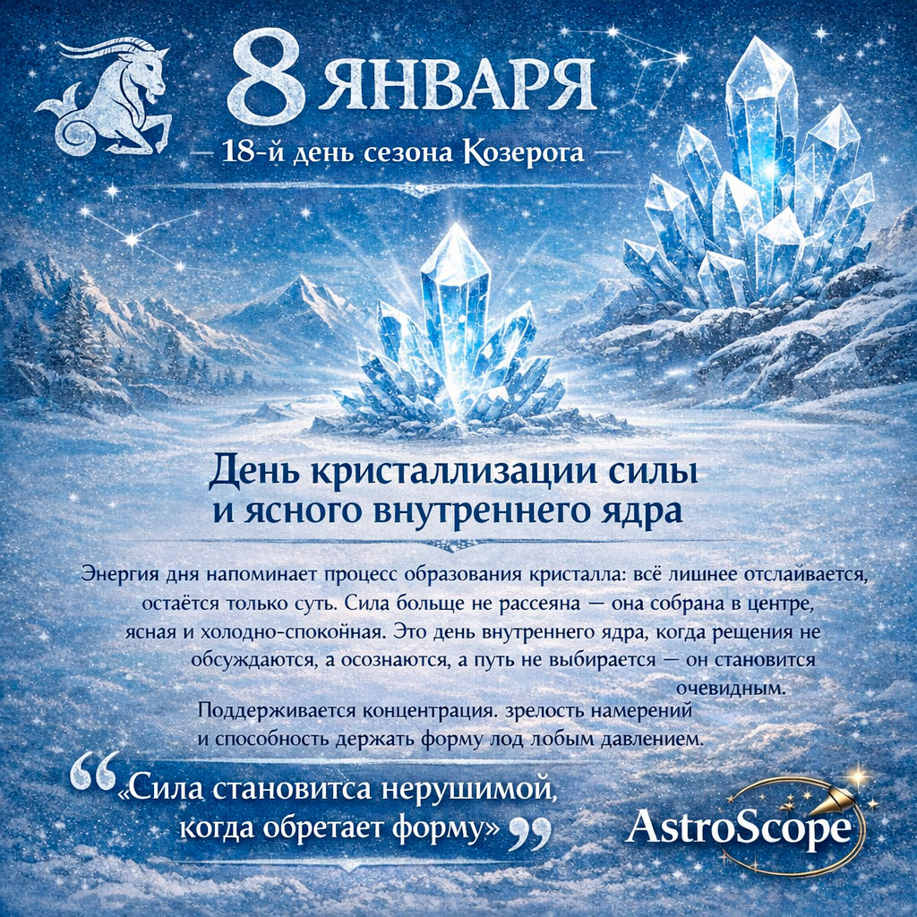 Общий энергетический прогноз дня 8 января — 18-й день сезона Козерога — День кристаллизации силы и ясного внутреннего ядра