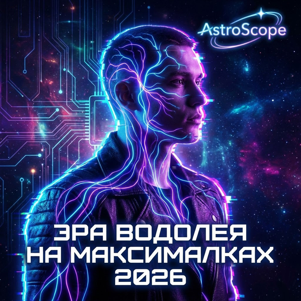 Цифровой профиль человека с неоновыми нейросвязями, символ обновления Эры Водолея 2026.