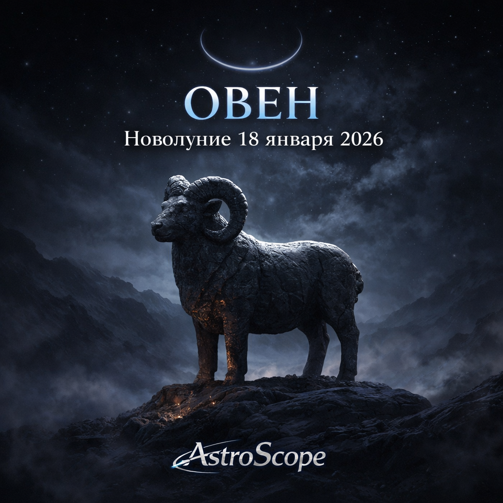 Овен — Новолуние 18 января 2026, мистическая лунная иллюстрация AstroScope