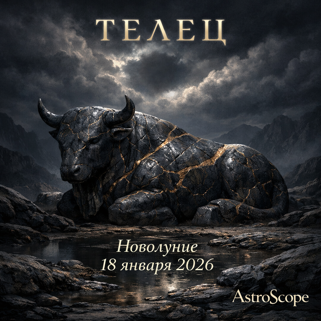 Телец — Новолуние 18 января 2026, тёмная премиальная астрологическая сцена AstroScope