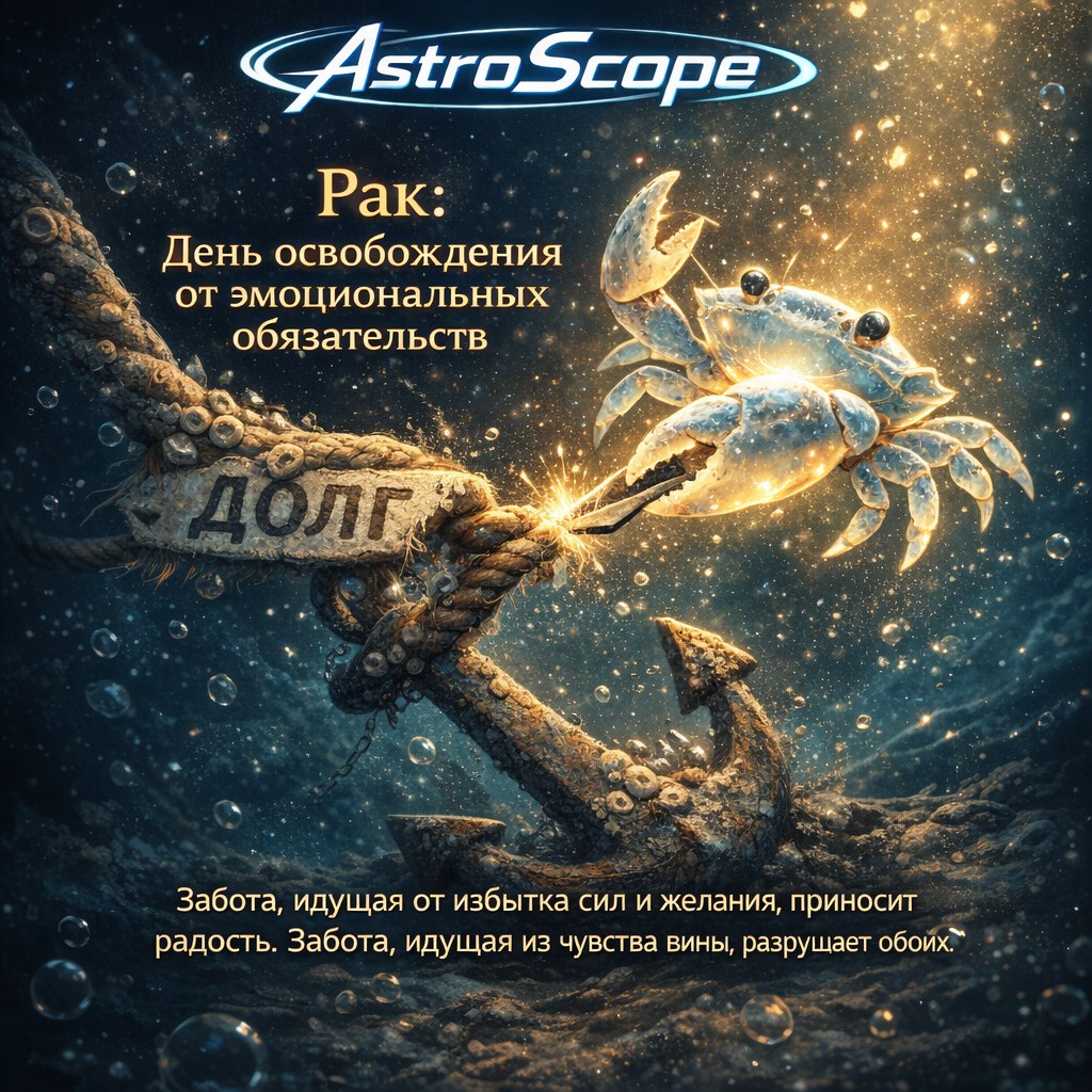 Метафора освобождения: краб перерезает канат, удерживающий тяжелый якорь долга — AstroScope