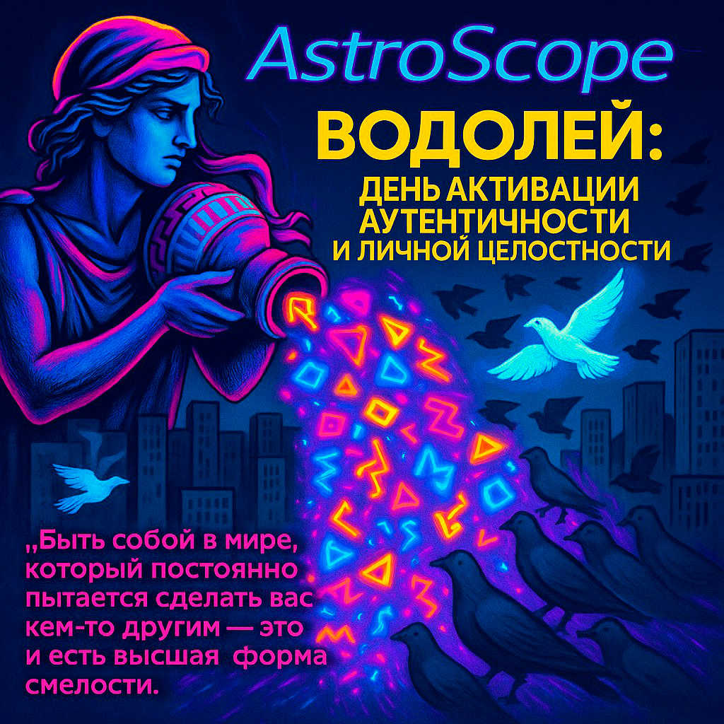 Футуристическая фигура Водолея, раскрашивающая серый мир яркими красками — AstroScope